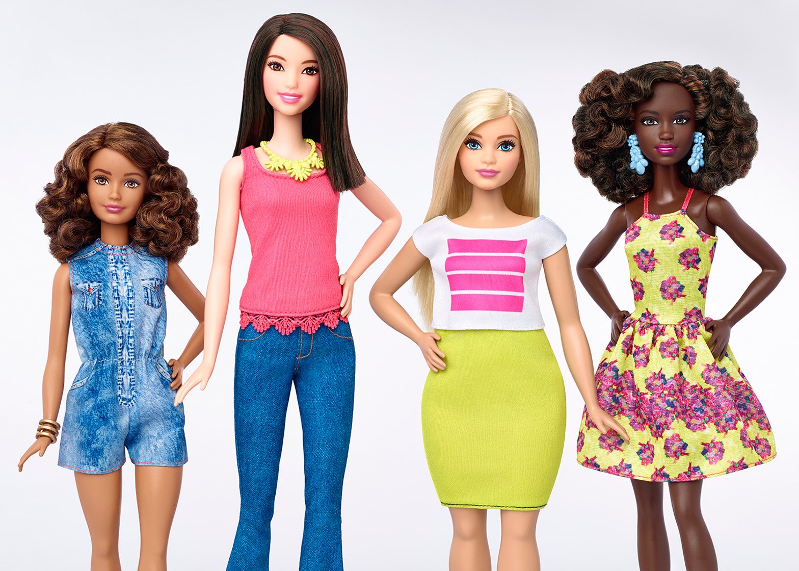 Diverse range of Barbie dolls showcasing different races, body types, and professions