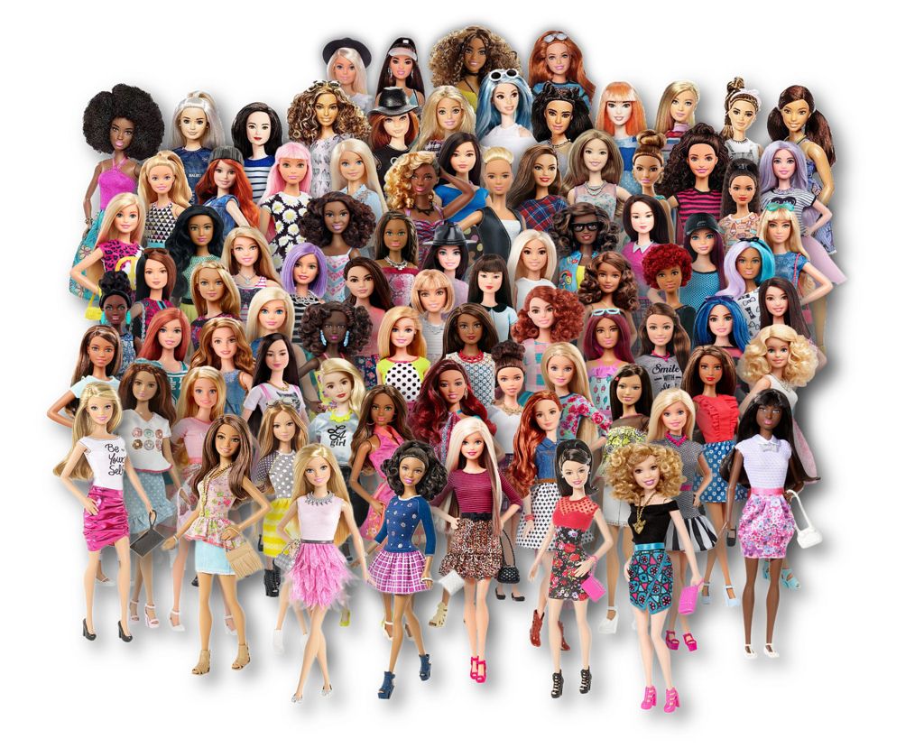 Collage of diverse Barbie dolls and their accessories
